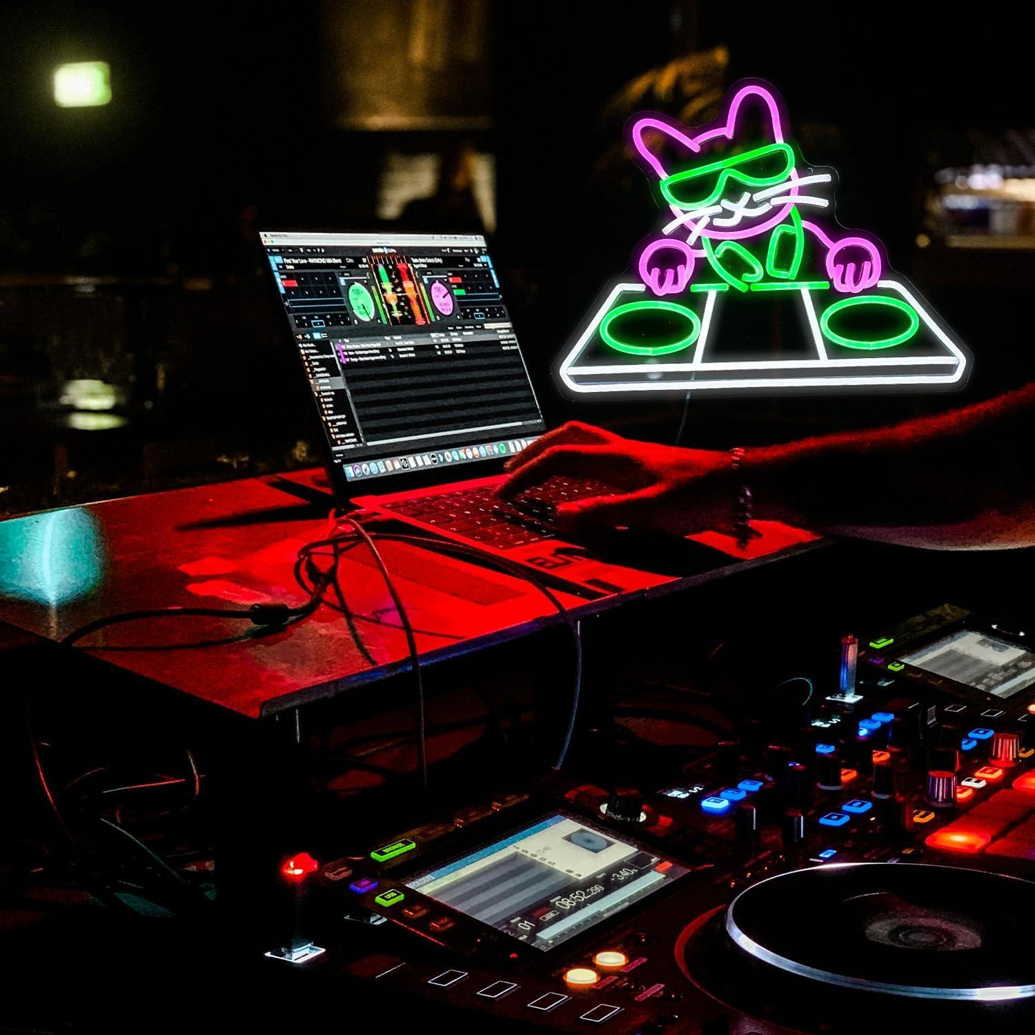 Cartel de neón LED Gato DJ JLEWUINH 42x32 cm USB Regulable