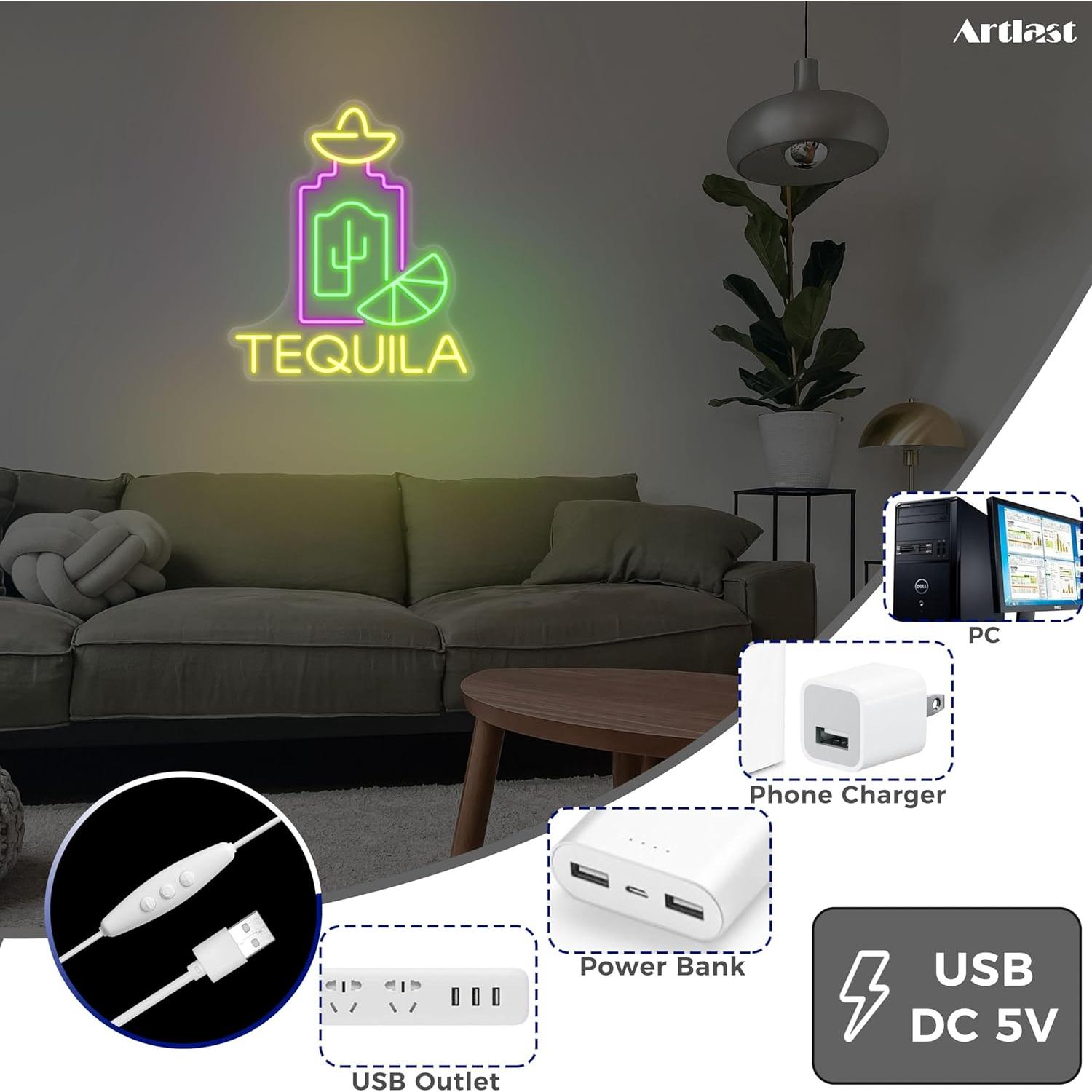 Letrero de Neón LED Tequila Artlast 35x30.7 cm para Bar