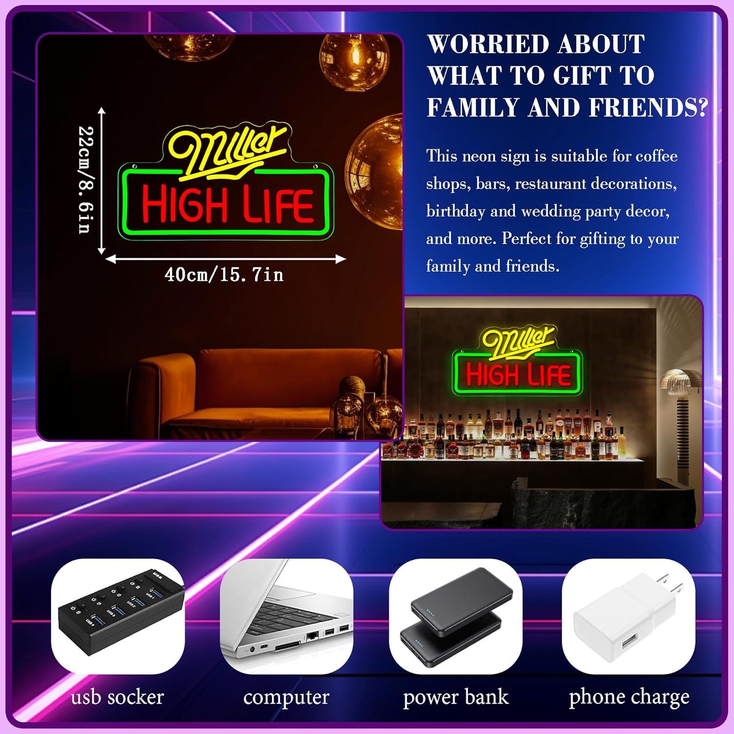 Letrero de Neón Beer High Life Regulable 39.9x21.8 cm