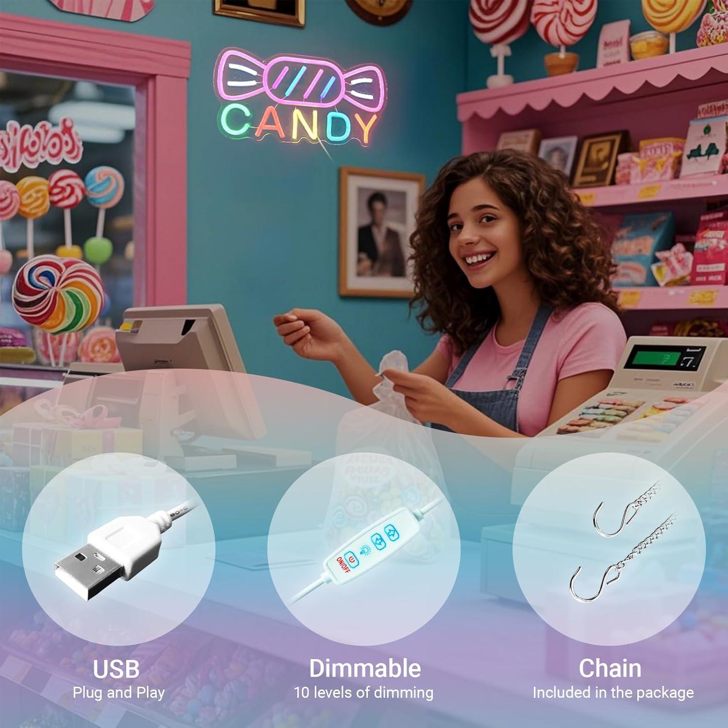 Letrero de Neón LED Caramelo NAIYISI 34.8x17.8cm Dimmable