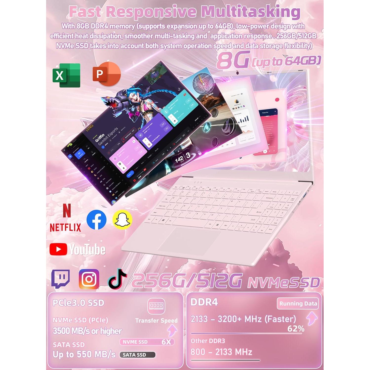 Laptop Nmybwo 14" Rosa, Celeron N5095, 8GB RAM, 256GB SSD