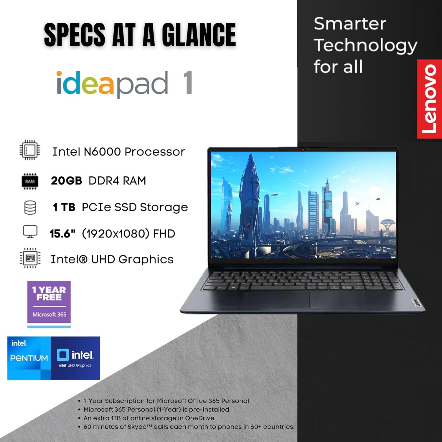 Laptop Lenovo IdeaPad 15.6" FHD, 20GB RAM, 1TB SSD, Intel