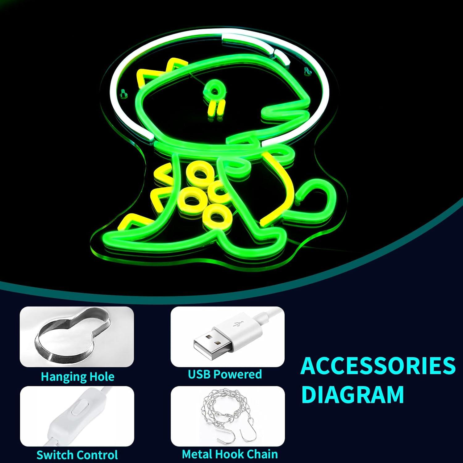 Luz de Neón LED Dinosaurio JGHTURIE 40x32cm Verde USB