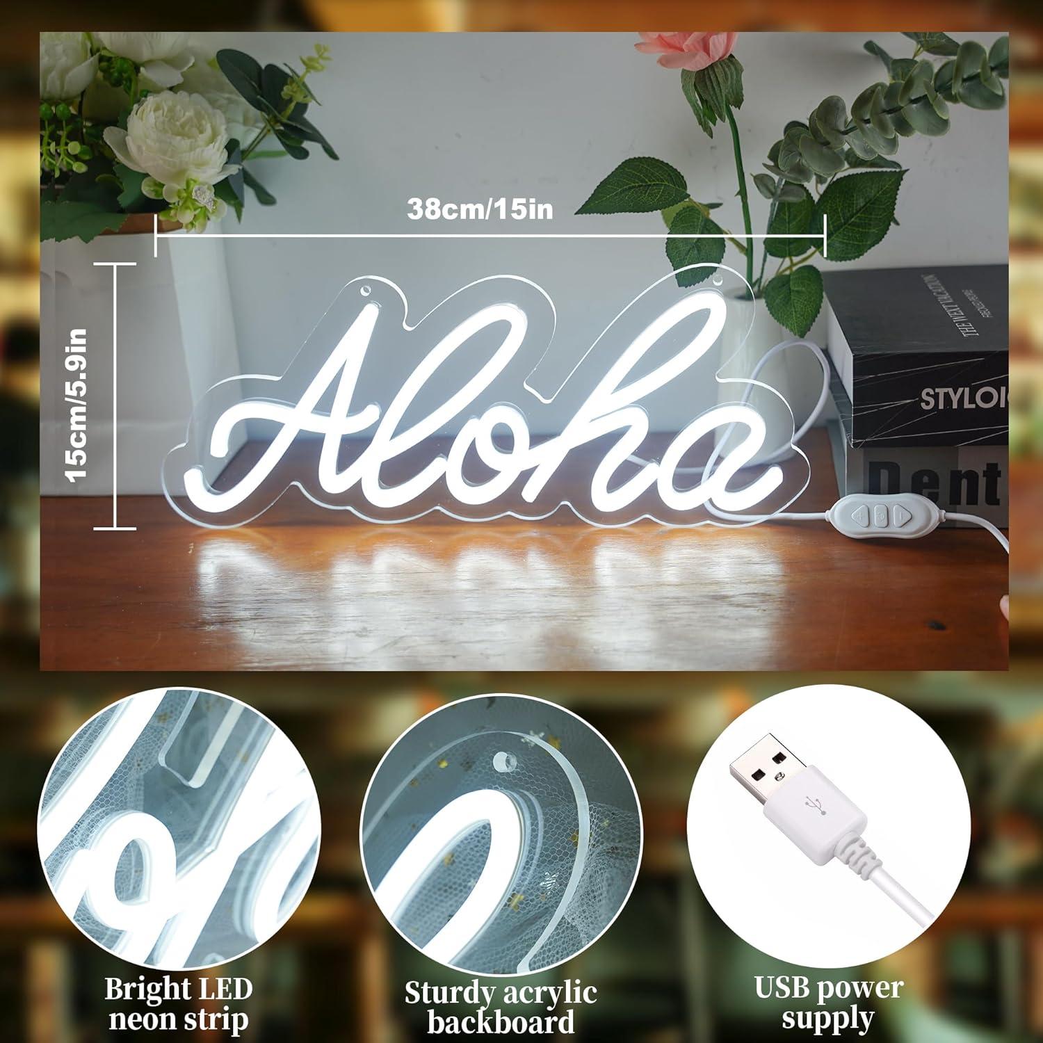 Cartel de Neón Aloha LED Blanco 38.1cm x 15cm con USB