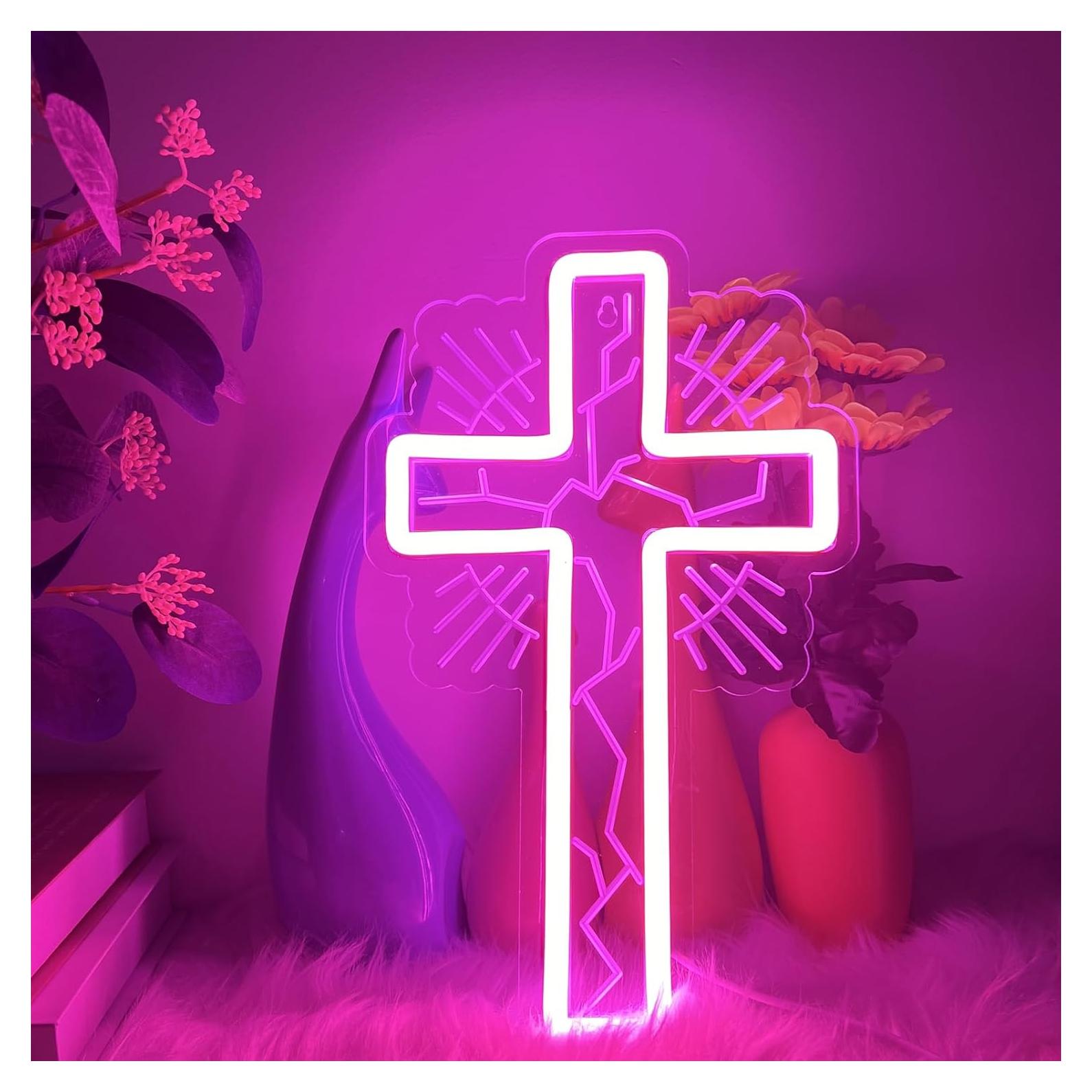 Luz de Neón Cruz Rosa LED Regulable 32x19 cm para Pared