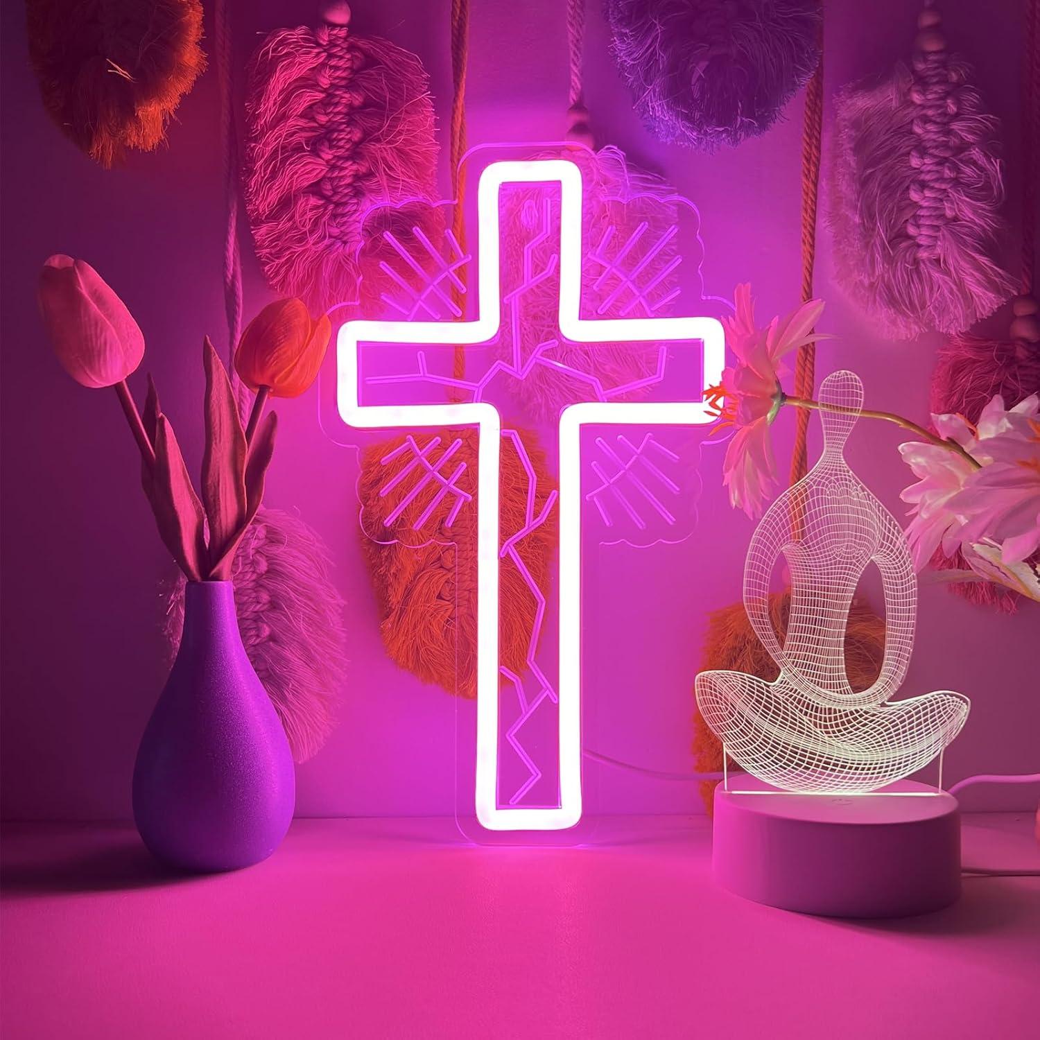 Luz de Neón Cruz Rosa LED Regulable 32x19 cm para Pared