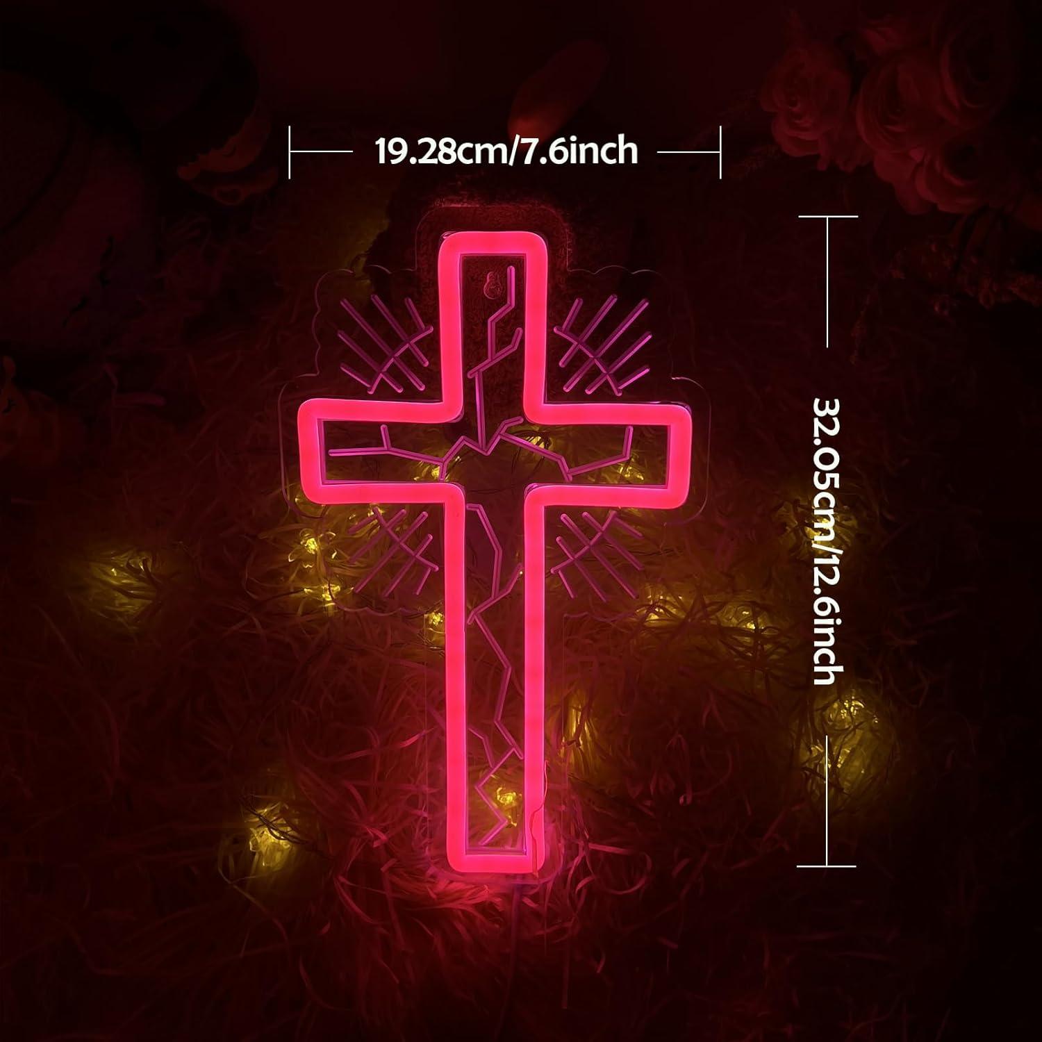 Luz de Neón Cruz Rosa LED Regulable 32x19 cm para Pared