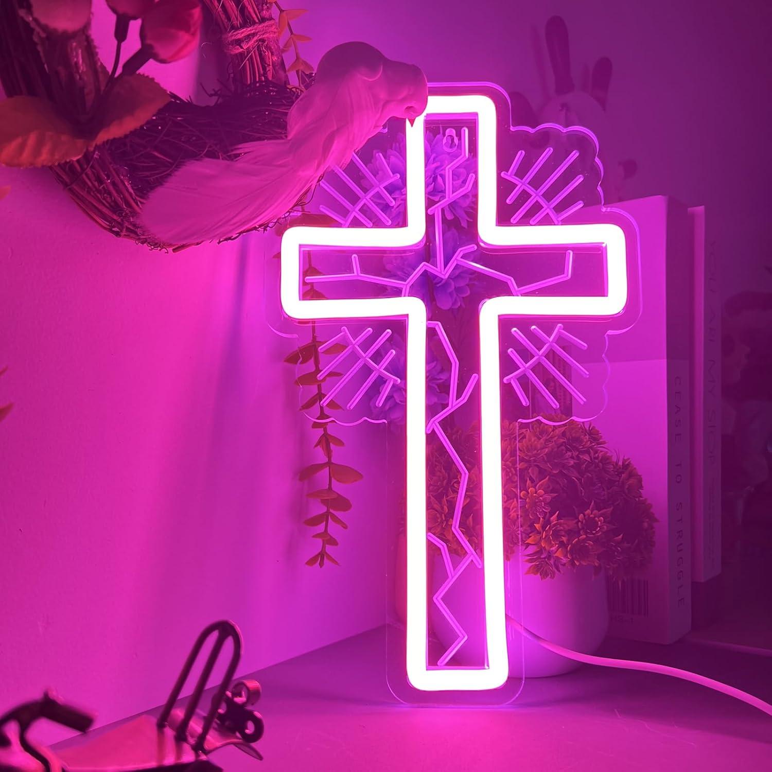 Luz de Neón Cruz Rosa LED Regulable 32x19 cm para Pared