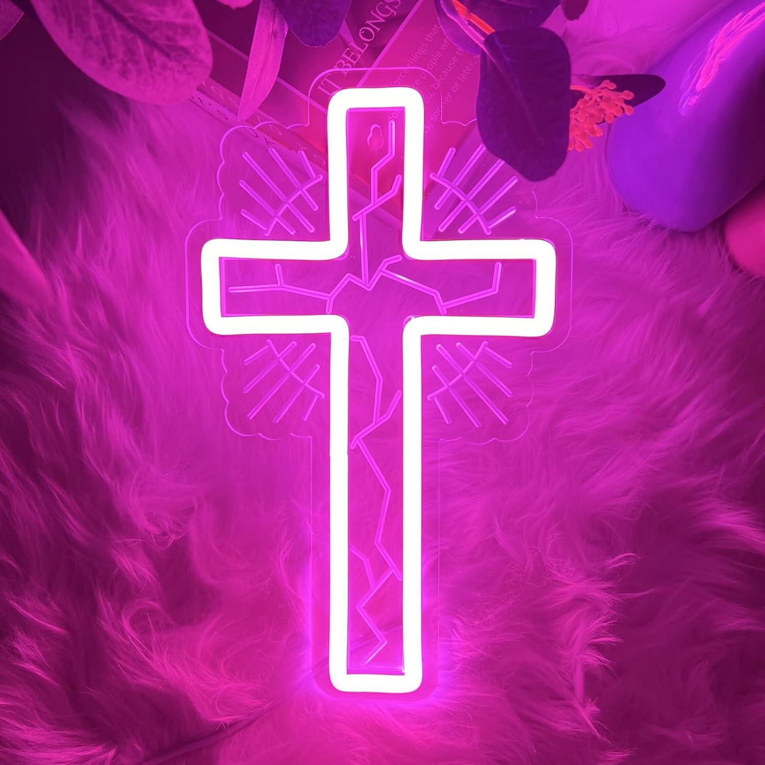 Luz de Neón Cruz Rosa LED Regulable 32x19 cm para Pared