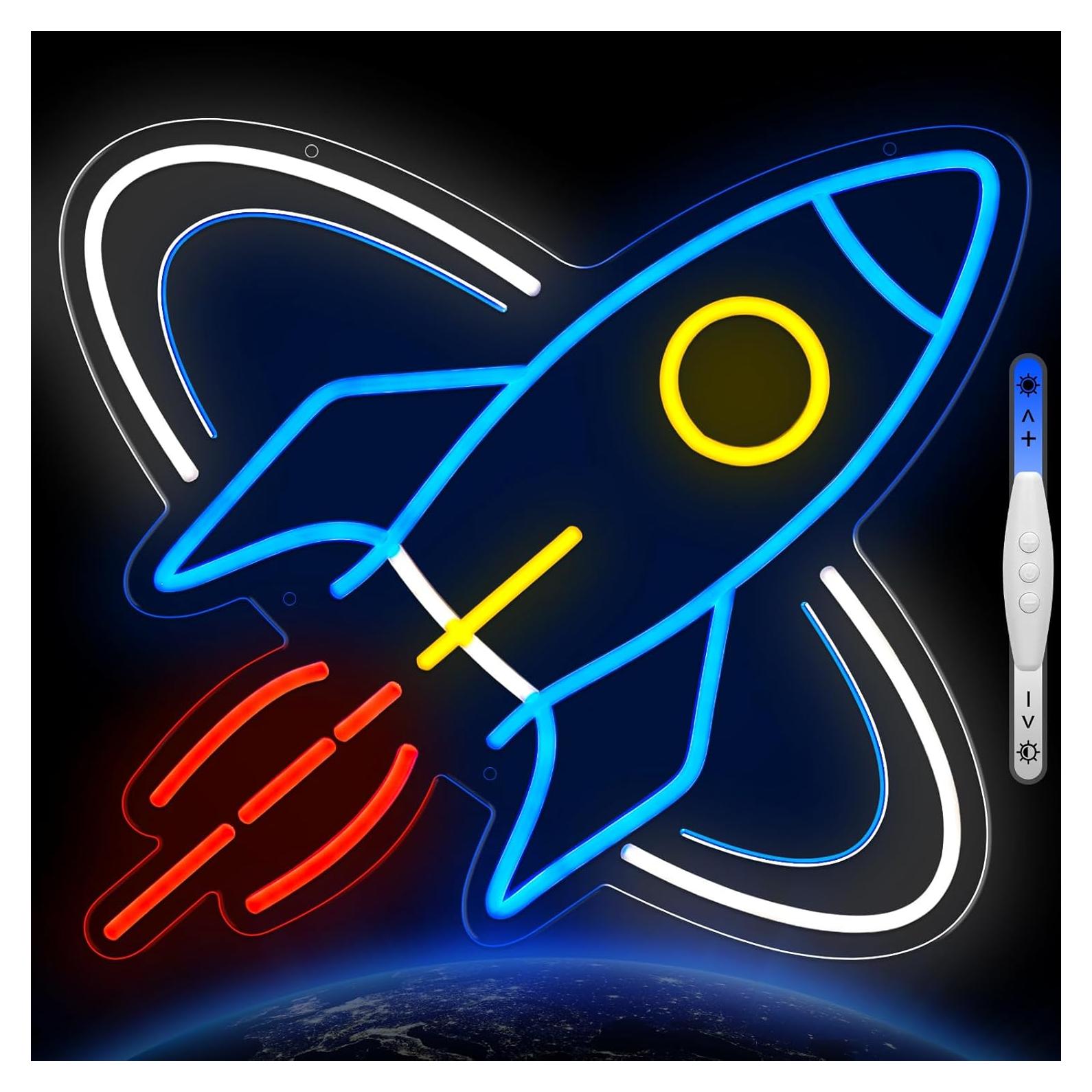 Cartel de Neón Cohete Azul LED para Decoración de Pared