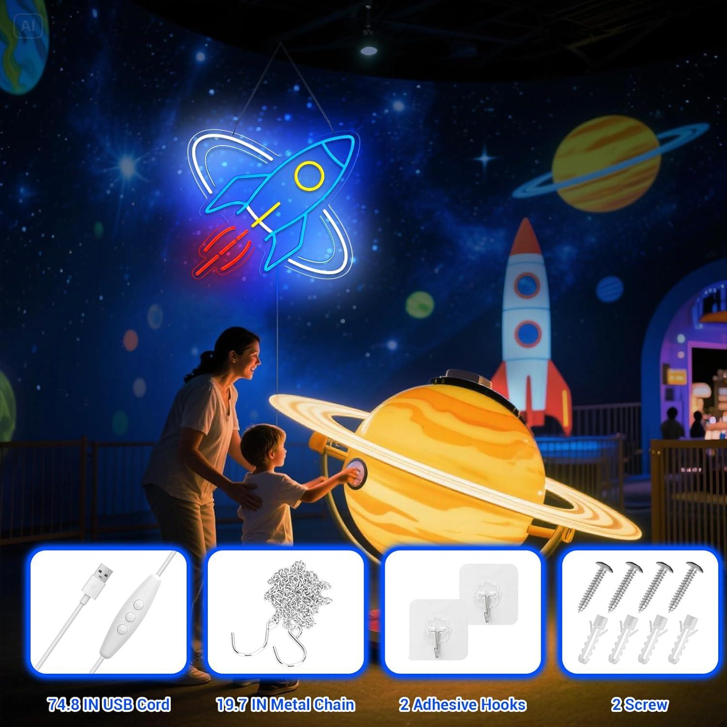 Cartel de Neón Cohete Azul LED para Decoración de Pared