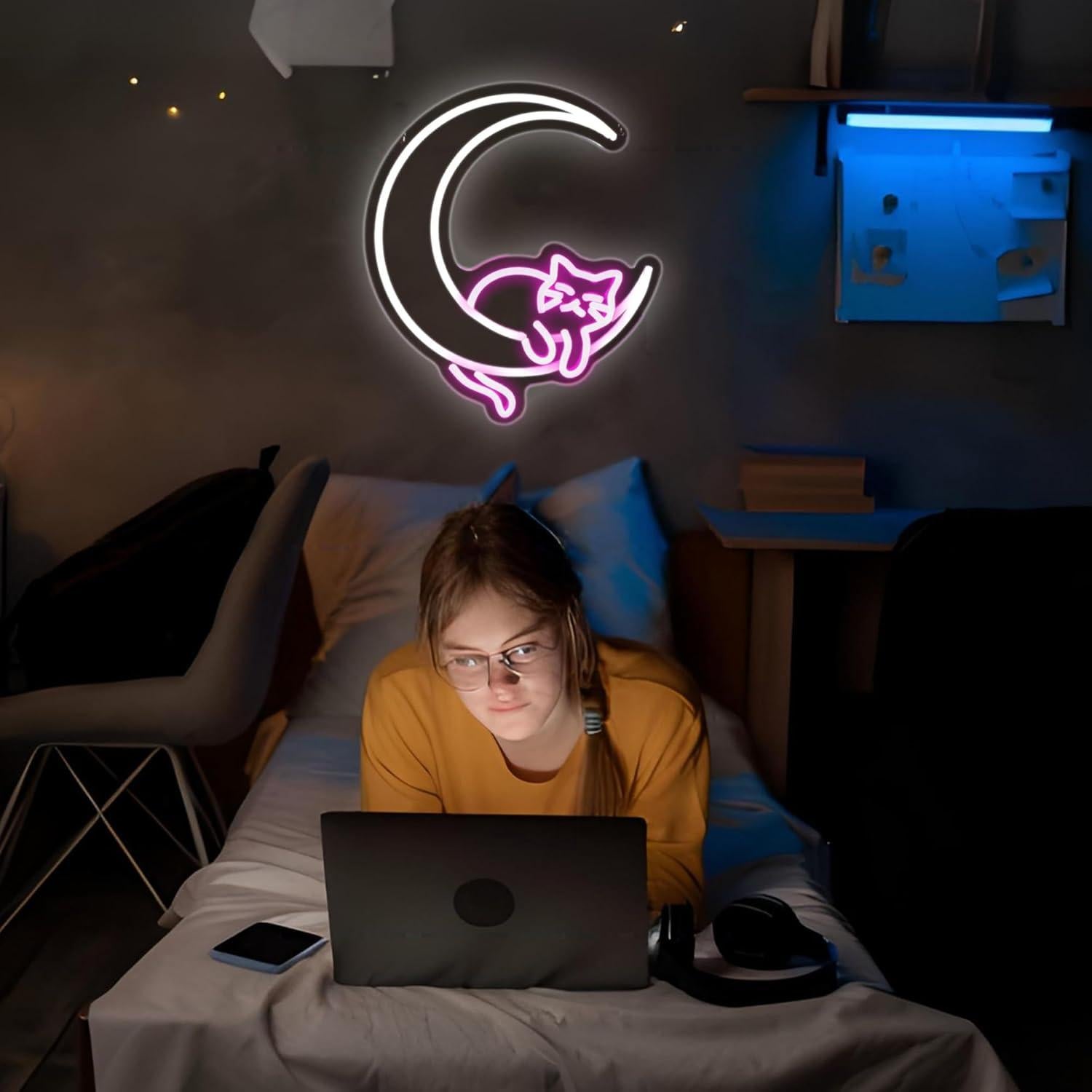 Luz de Neón LED Gato Lunar Whfobfe Decoración Rosa