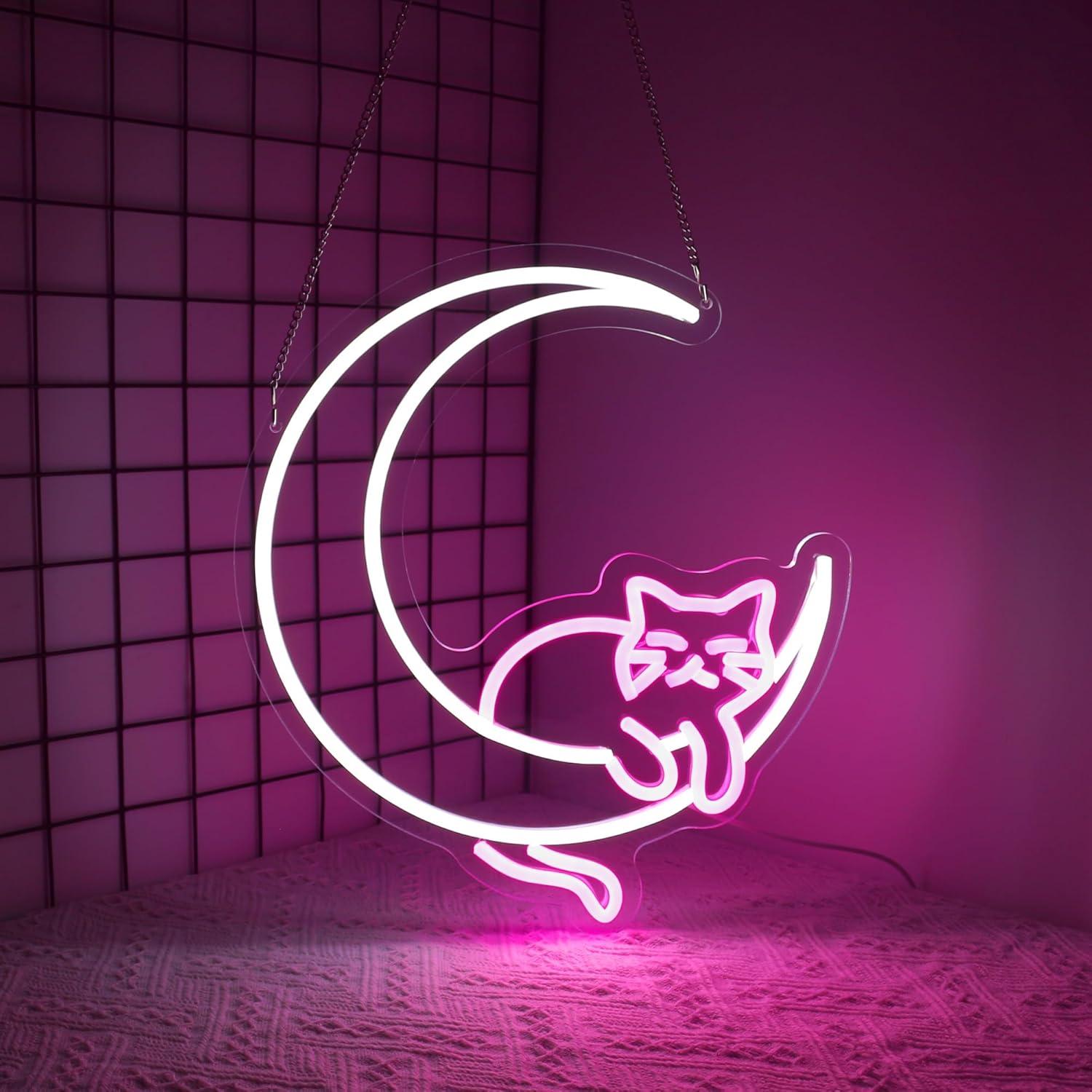 Luz de Neón LED Gato Lunar Whfobfe Decoración Rosa