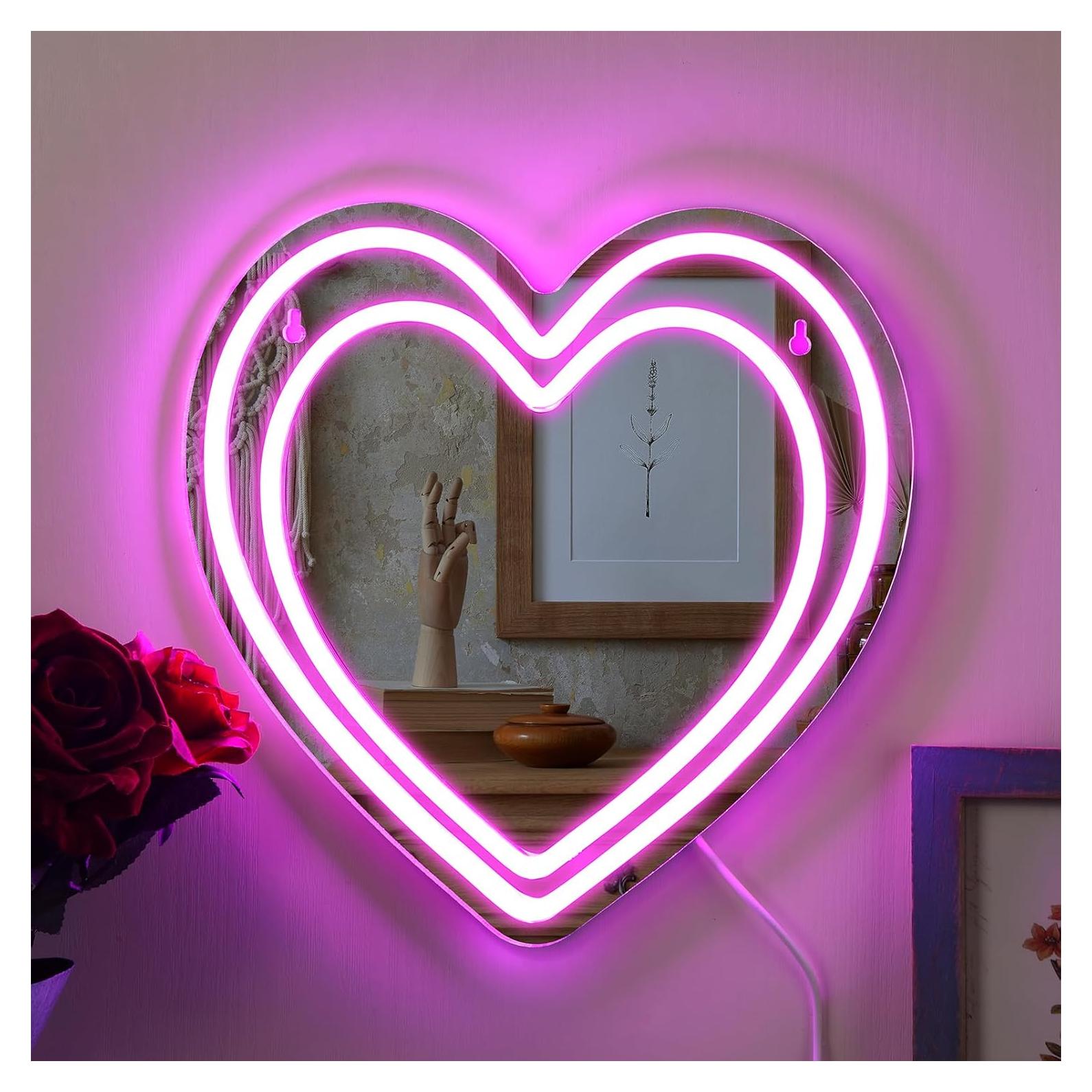 Espejo LED Neón Rosa Corazón Chitidr 30.48 cm Decoración