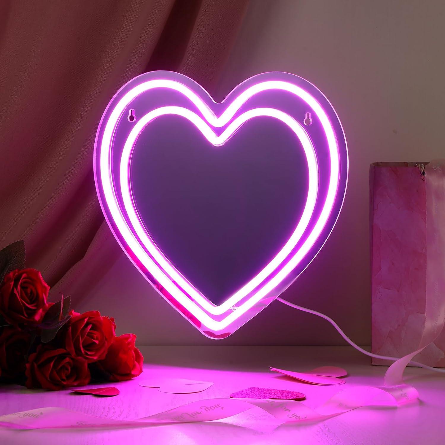 Espejo LED Neón Rosa Corazón Chitidr 30.48 cm Decoración