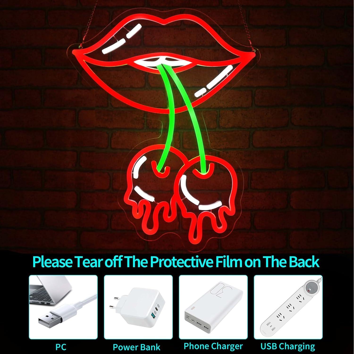 Letrero de Neón LED Labios de Cereza JGHTURIE 35.88x15cm