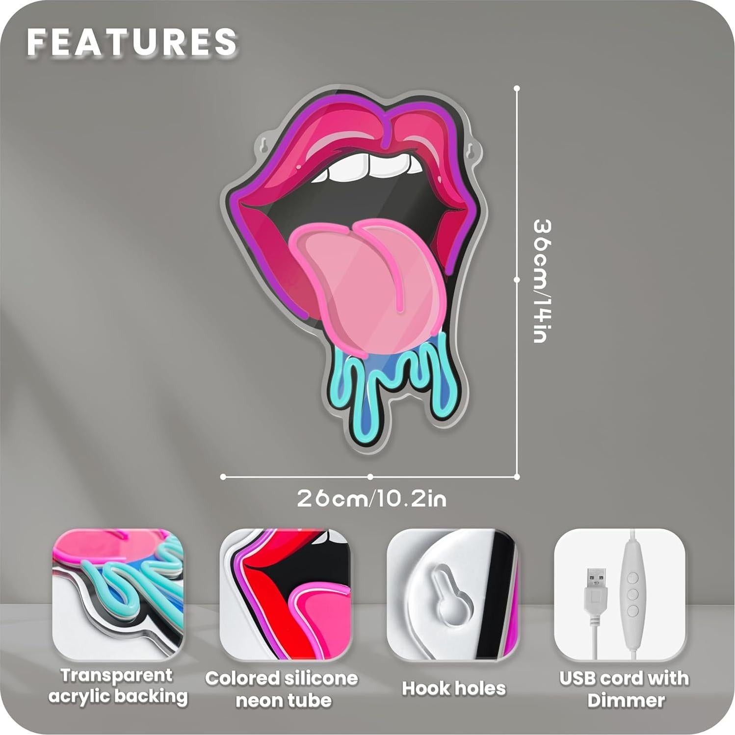 Letrero de Neón LED Labios y Lengua 36x26 cm - Decoración