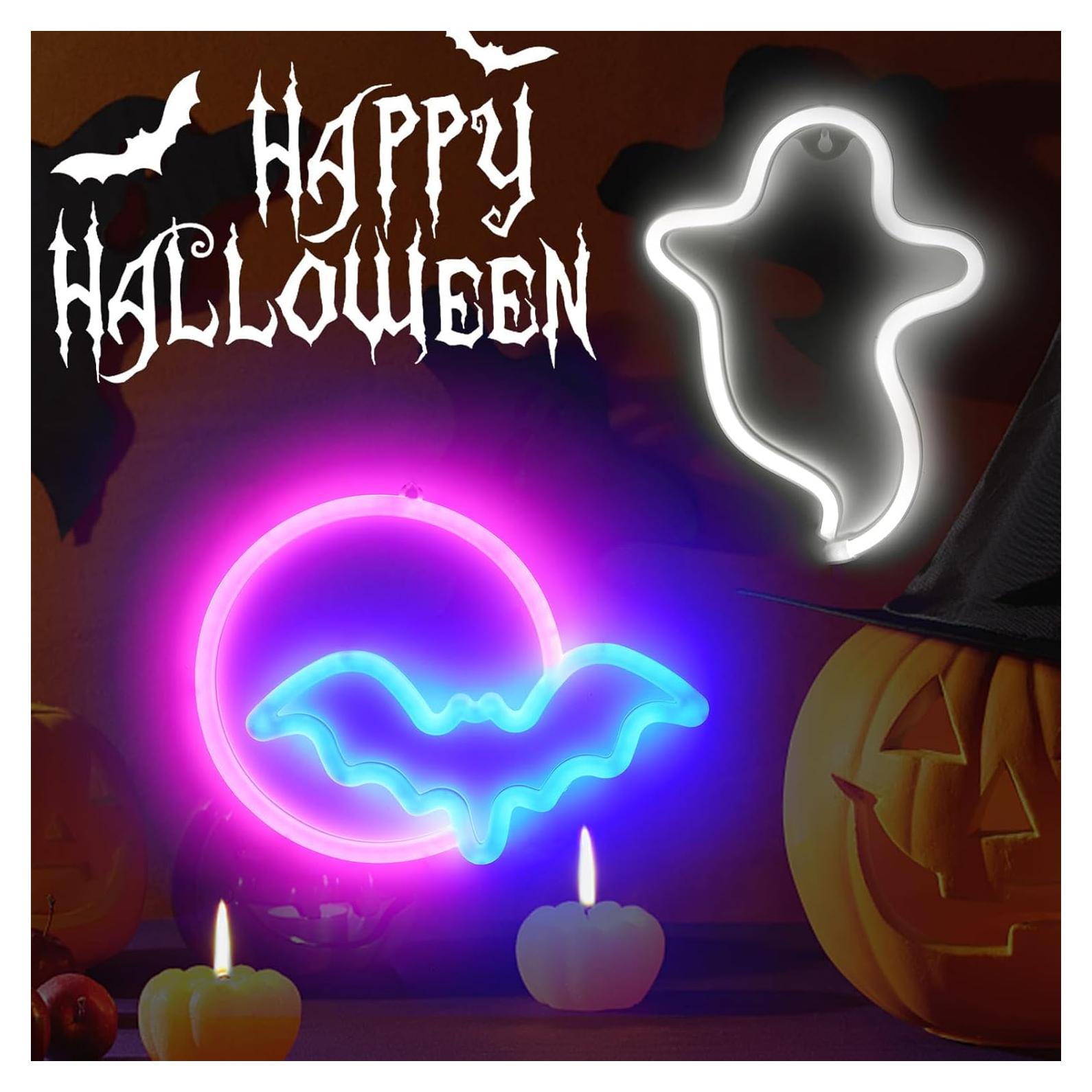 Carteles Neón Halloween BRIGHTDECK - Fantasma y Murciélago LED