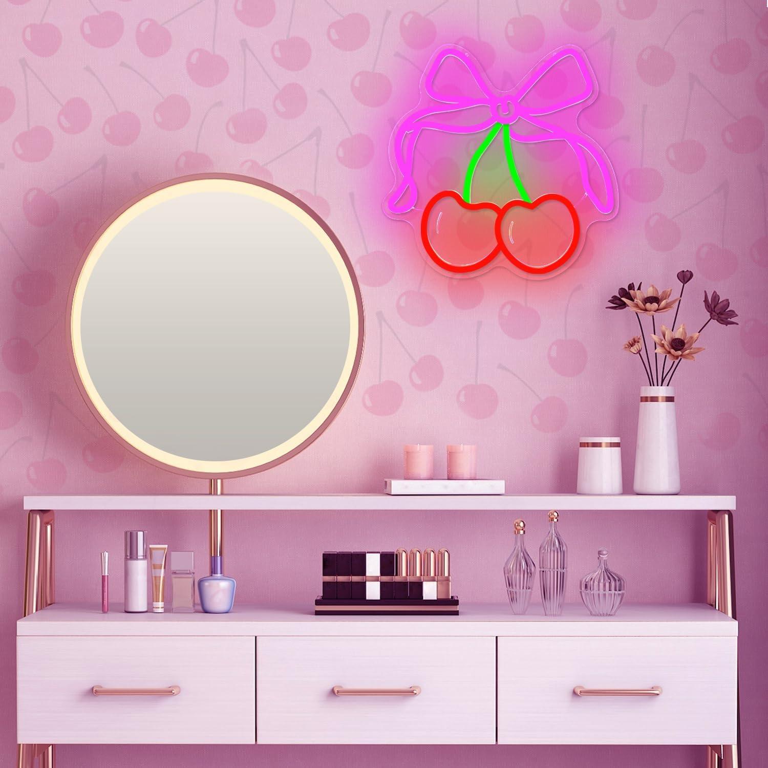 Señal de Neón LED Rosada BowCherry para Decoración de Pared