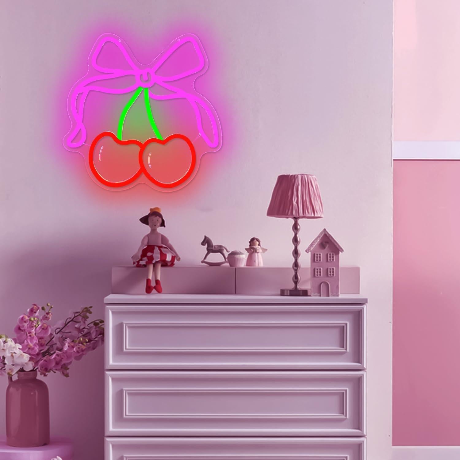 Señal de Neón LED Rosada BowCherry para Decoración de Pared