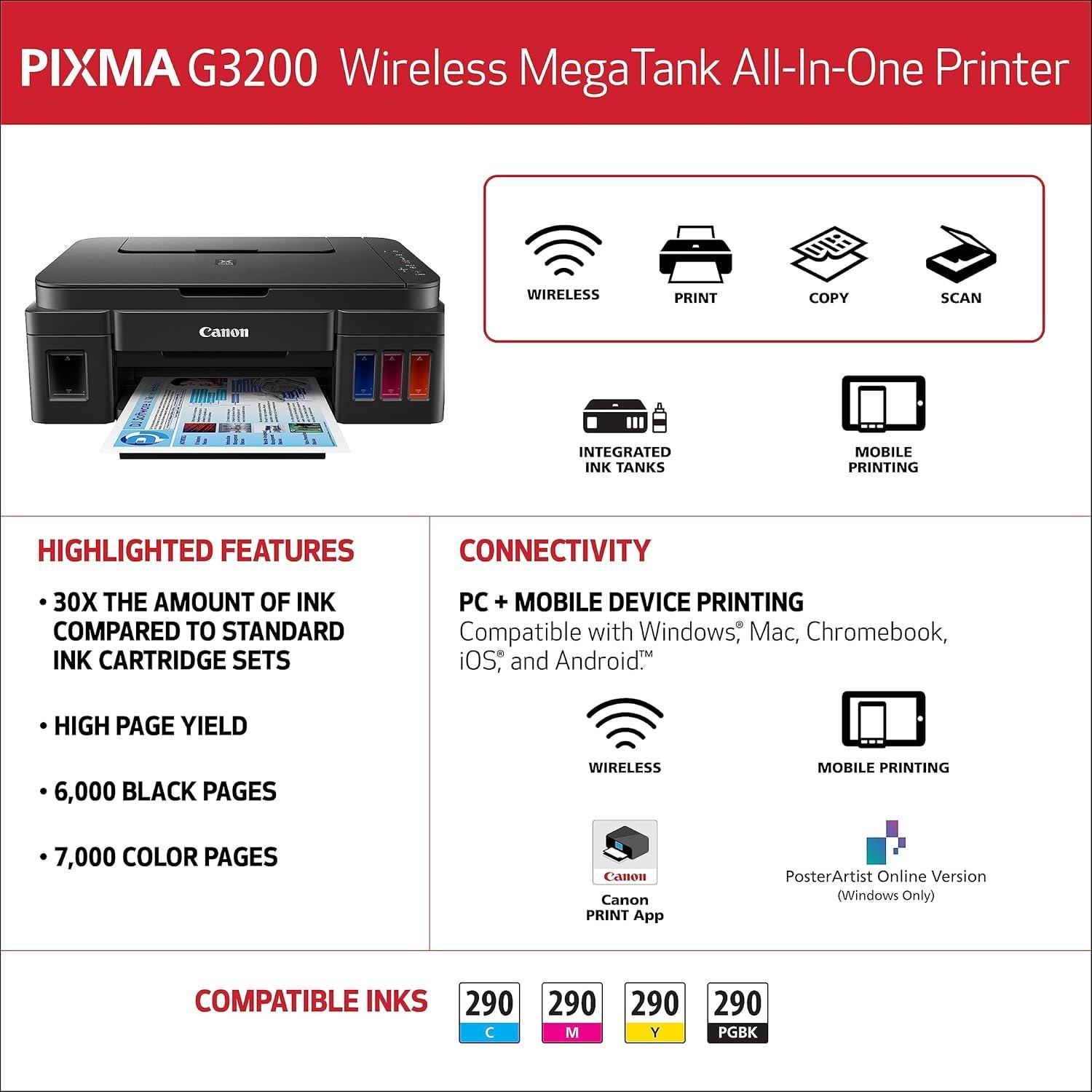 Impresora Canon G3200 MegaTank Todo en Uno Inalámbrica
