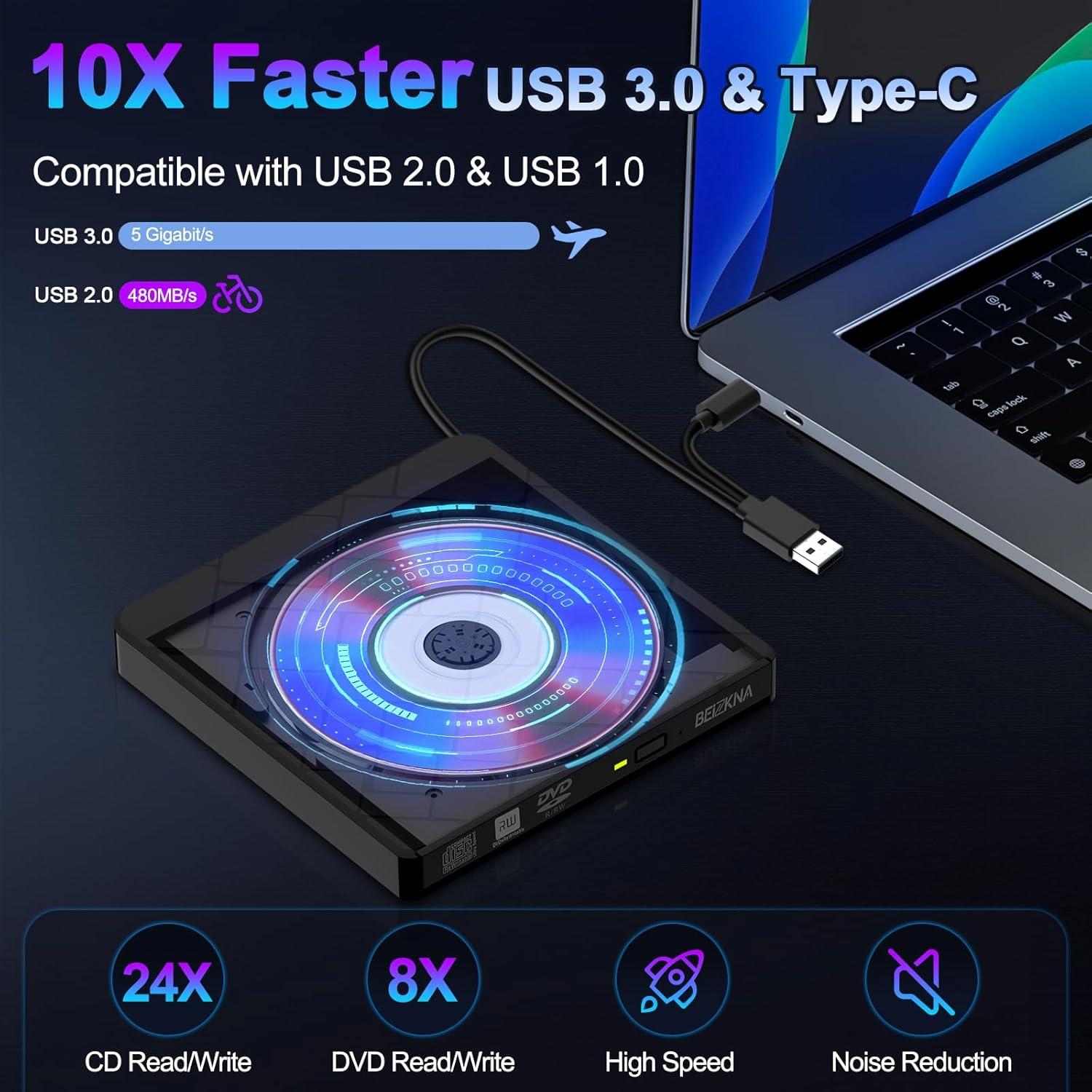 Unidad Externa CD/DVD Beizkna USB 3.0 Tipo-C 0.38 kg