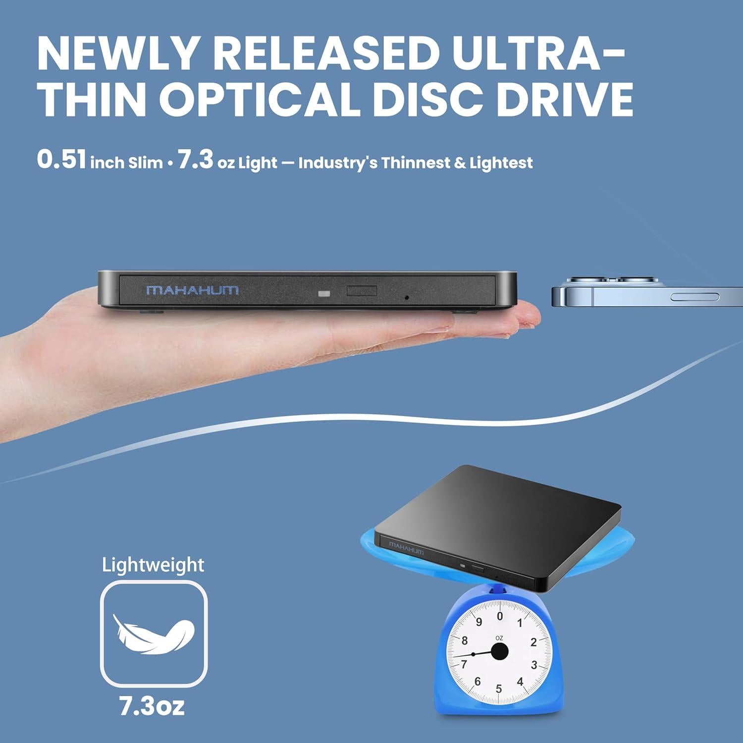 Unidad Externa de CD/DVD MAHAHUM USB 3.0 y USB-C 360g