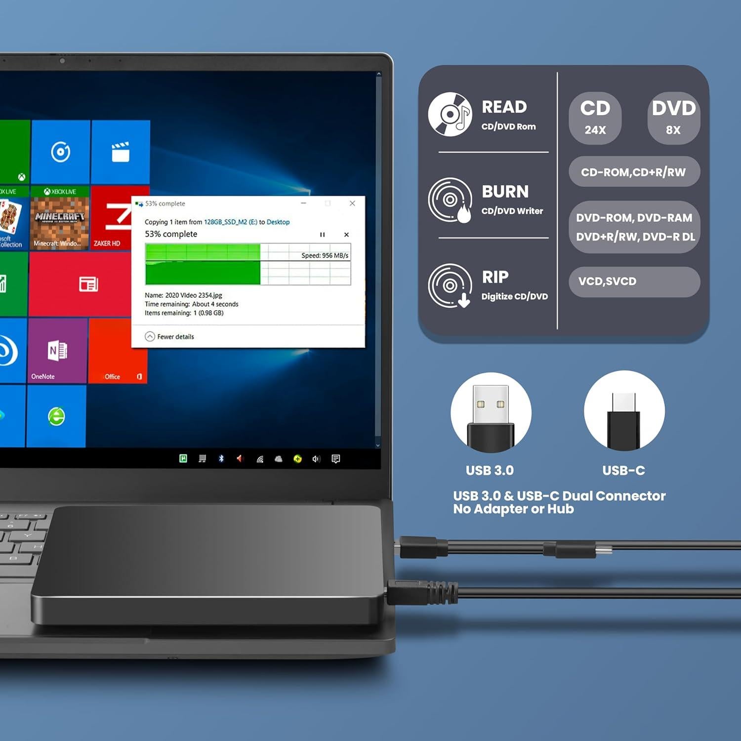 Unidad Externa de CD/DVD MAHAHUM USB 3.0 y USB-C 360g