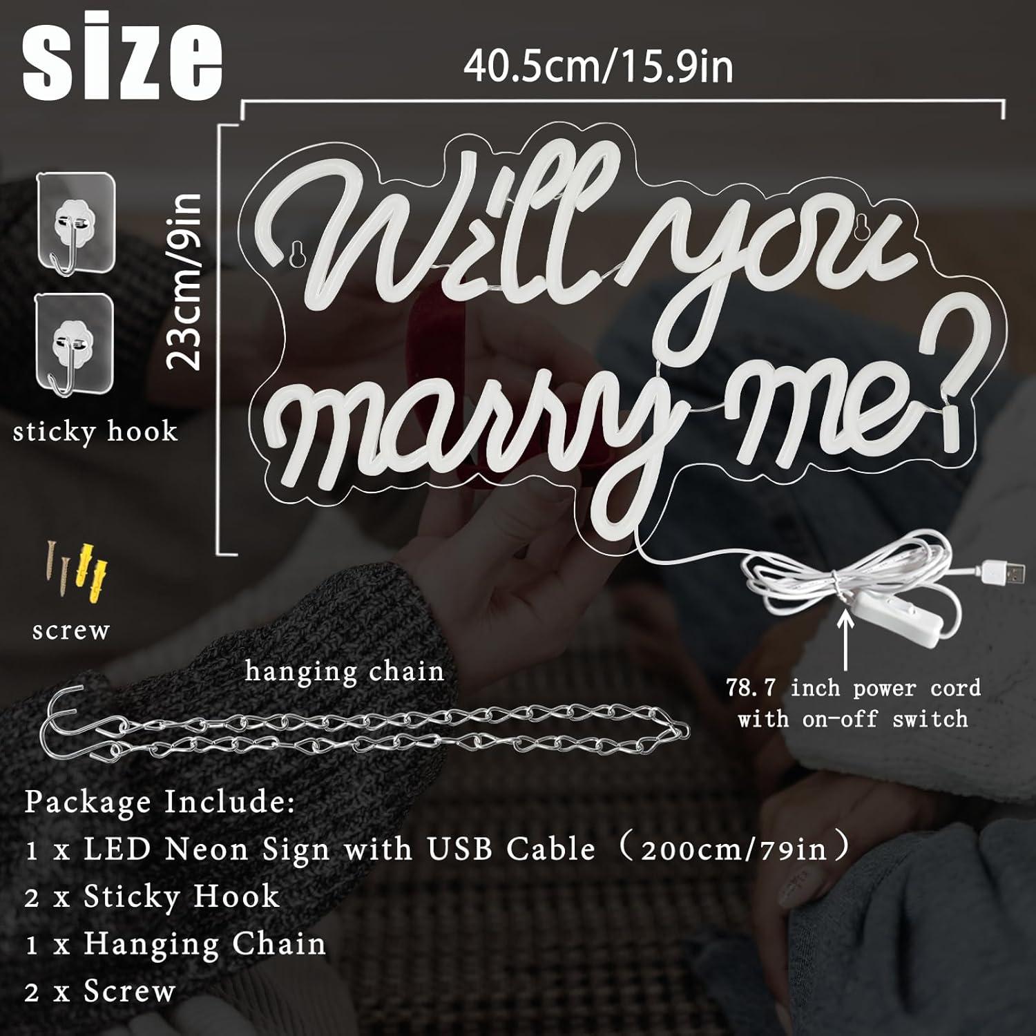 Letrero de Neón LED ¿Quieres casarte conmigo? Blanco 40x23cm