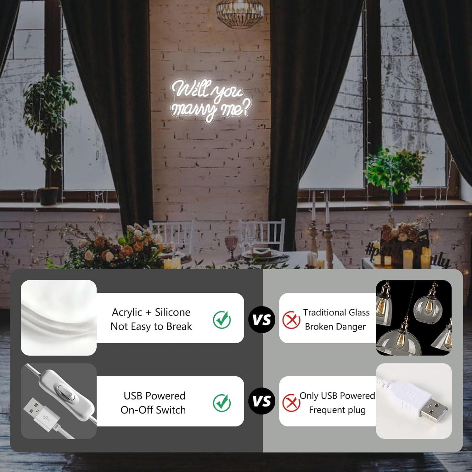 Letrero de Neón LED ¿Quieres casarte conmigo? Blanco 40x23cm