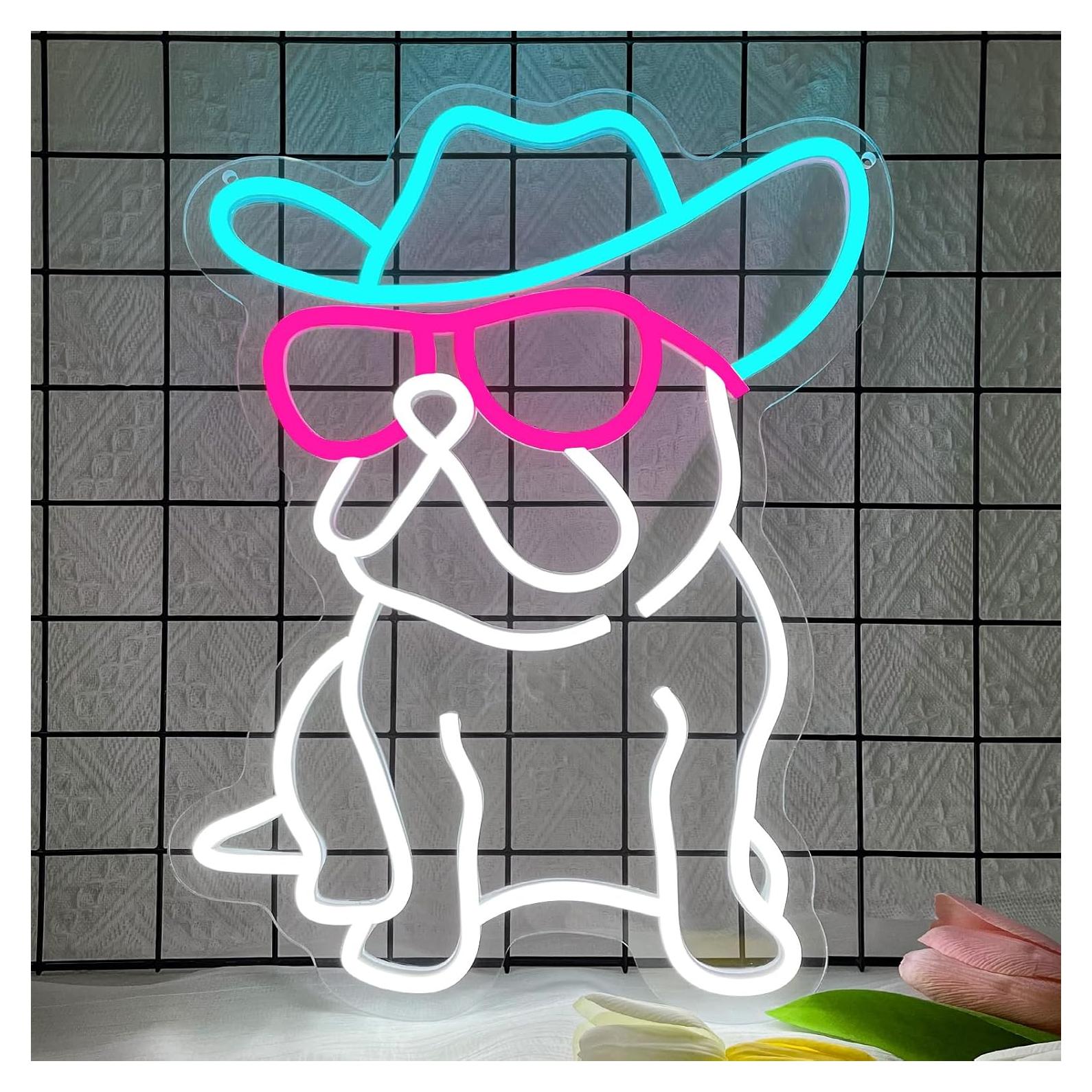 Letrero de Neón LED Bulldog Francés Cowboy 39.1x29.9cm