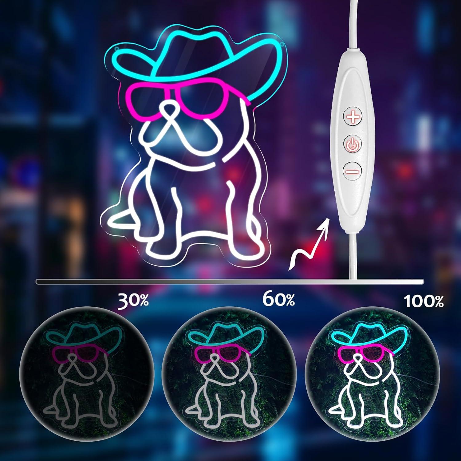 Letrero de Neón LED Bulldog Francés Cowboy 39.1x29.9cm