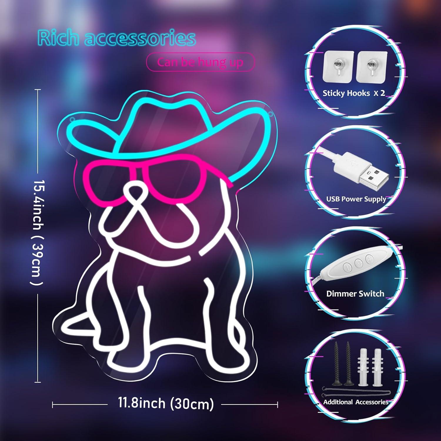 Letrero de Neón LED Bulldog Francés Cowboy 39.1x29.9cm