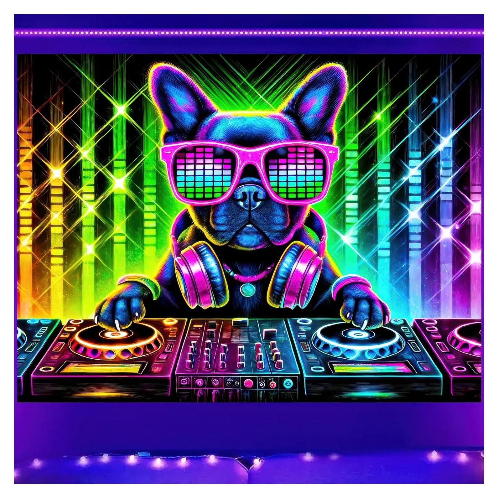 Tapiz Blacklight BlissYard Bulldog 198x150 cm Brilla en la Oscuridad