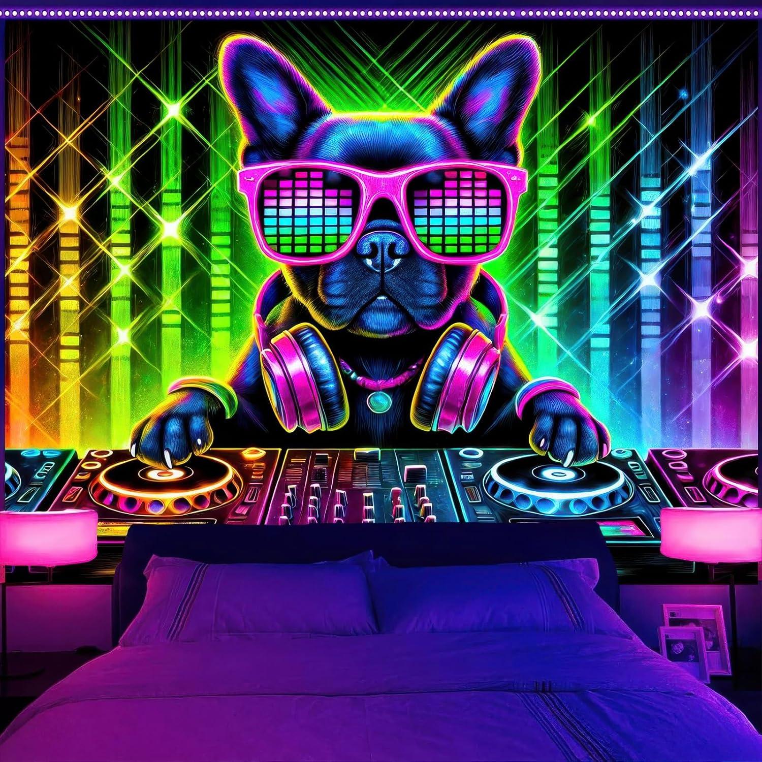 Tapiz Blacklight BlissYard Bulldog 198x150 cm Brilla en la Oscuridad