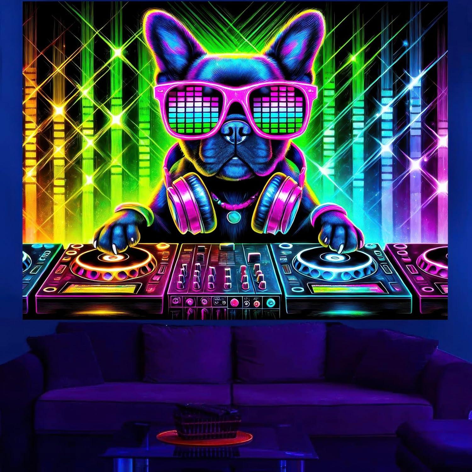 Tapiz Blacklight BlissYard Bulldog 198x150 cm Brilla en la Oscuridad