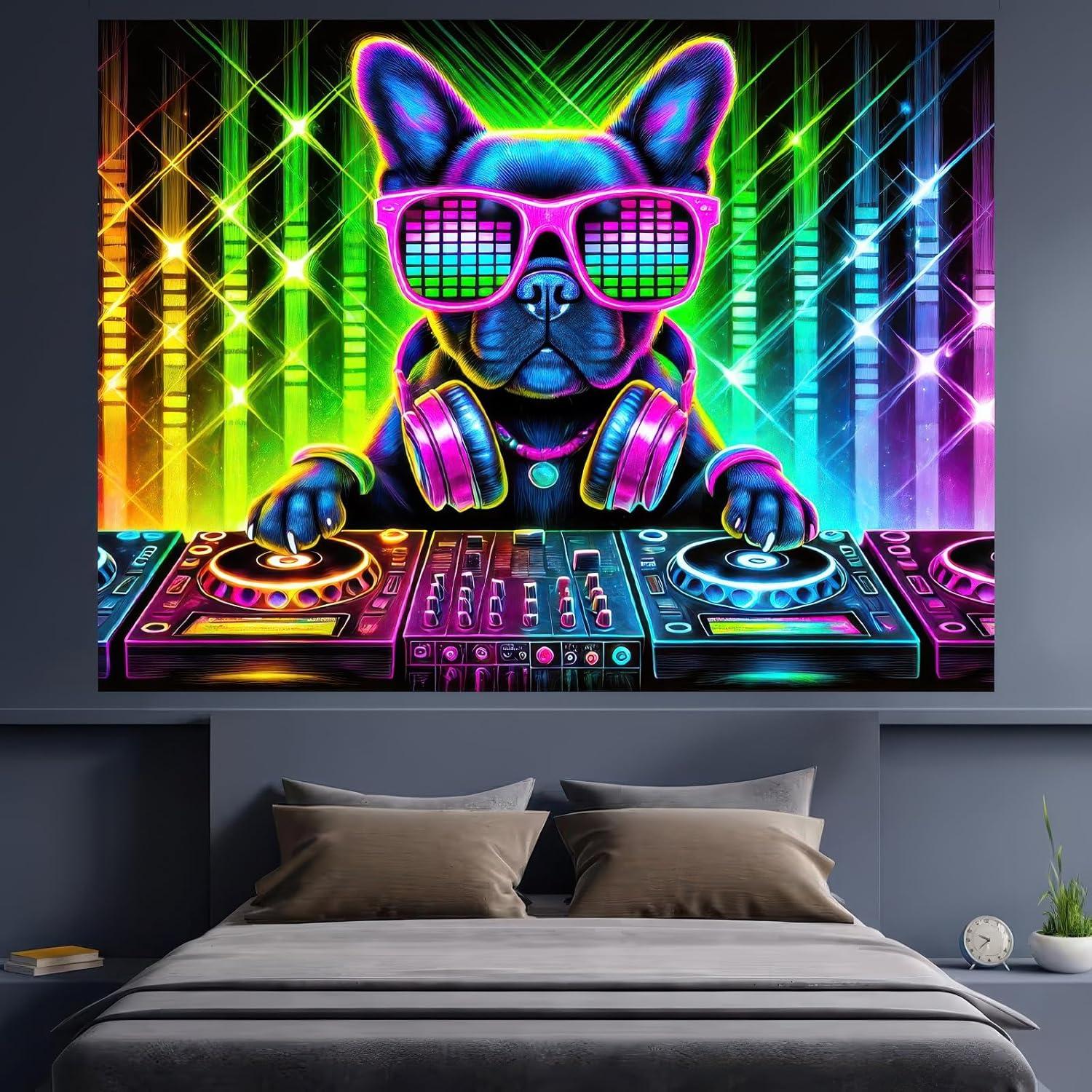 Tapiz Blacklight BlissYard Bulldog 198x150 cm Brilla en la Oscuridad