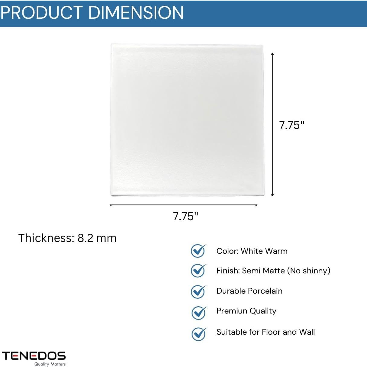 Azulejo de Porcelana Tenedos 8x8 Blanco Mate Caja 15 Pzas