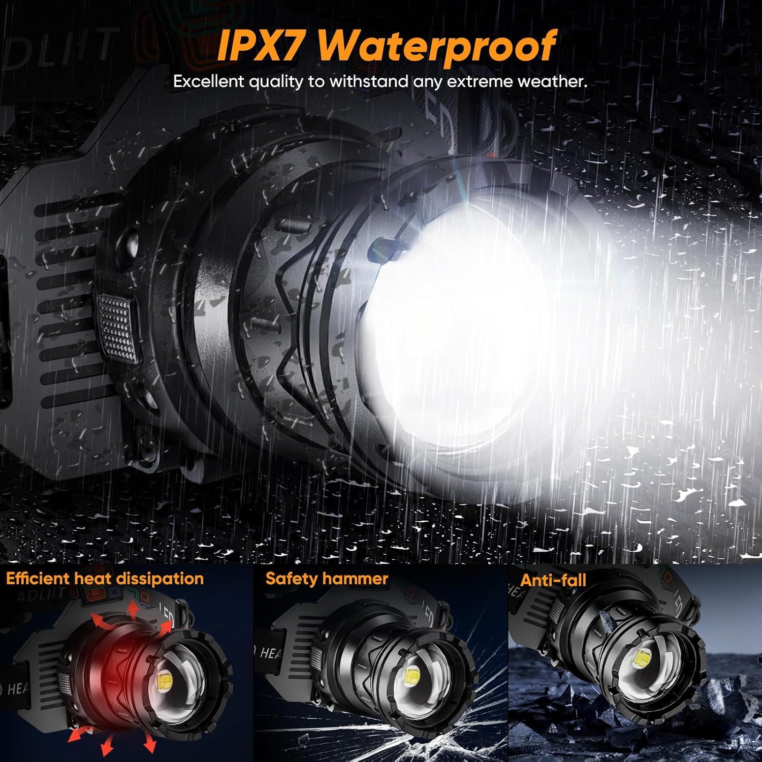 Linterna Frontal Recargable INECOKS 1080 Lúmenes IPX7 Ajustable