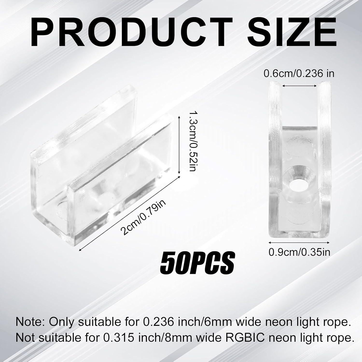 50 Clips de Montaje para Luz Neón Lyreh 2x1.3cm Transparente
