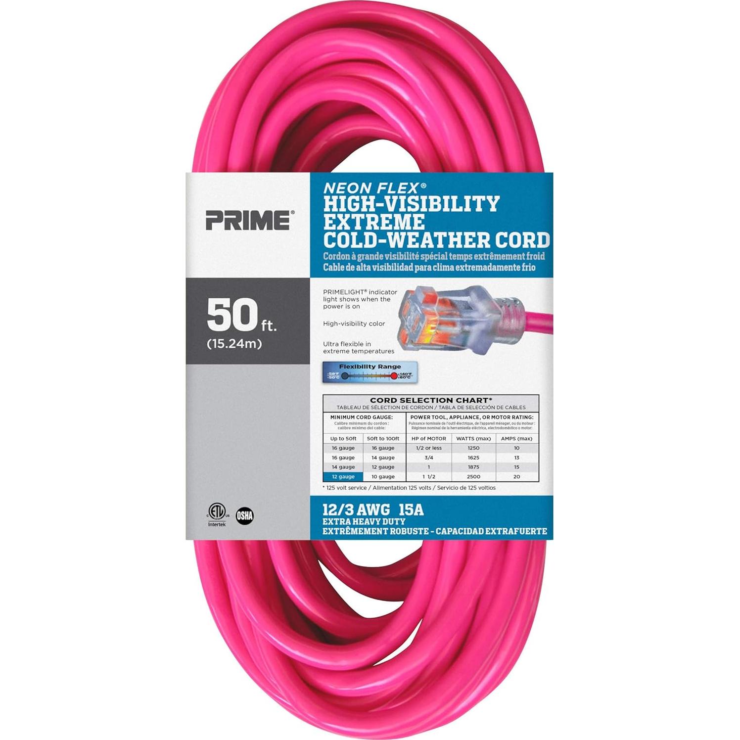 Cable de Extensión Prime Wire 15.24m 12/3 SJTW Rosa Neón
