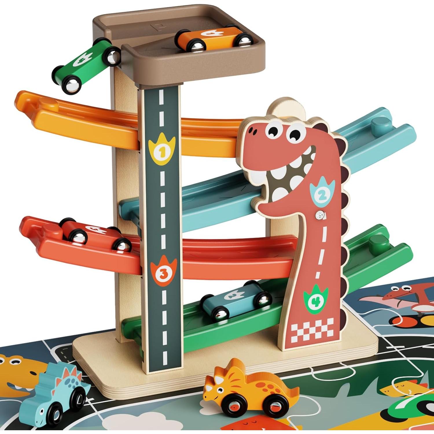 Pista de Rampas de Autos de Madera Paisure para Niños 1-3 Años