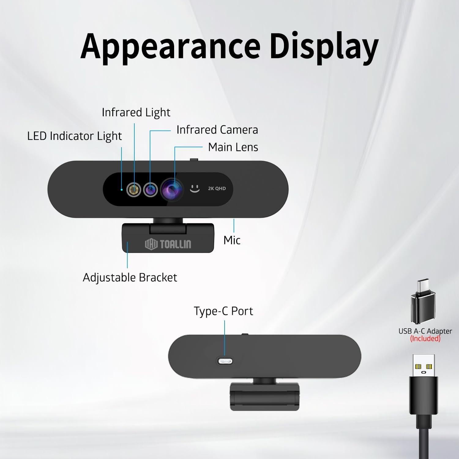 Webcam TOALLIN Hello-Pro 2K QHD USB con micrófono y ángulo amplio