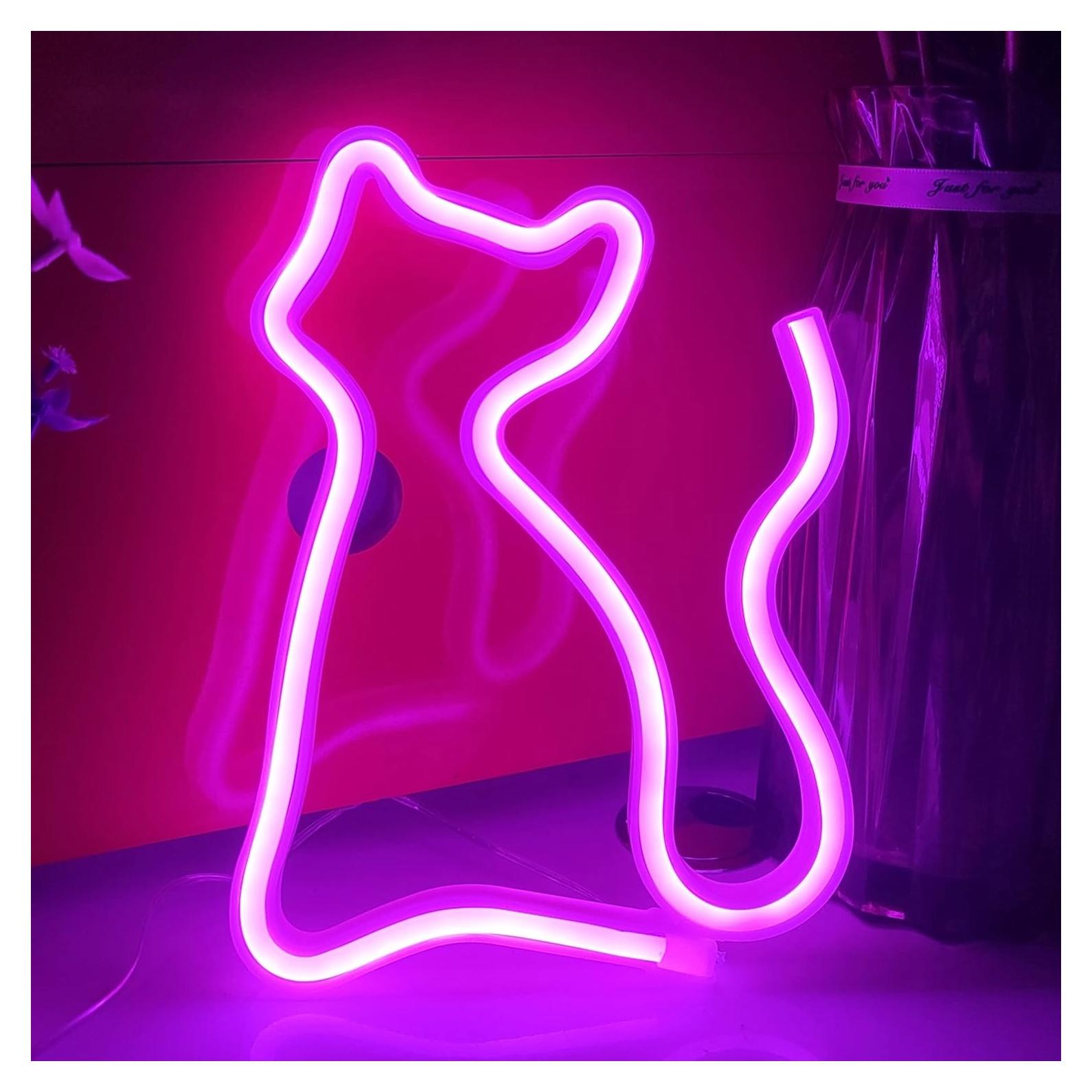 Letrero de Neón Gato JYWJ Rosa LED USB y Pilas AA