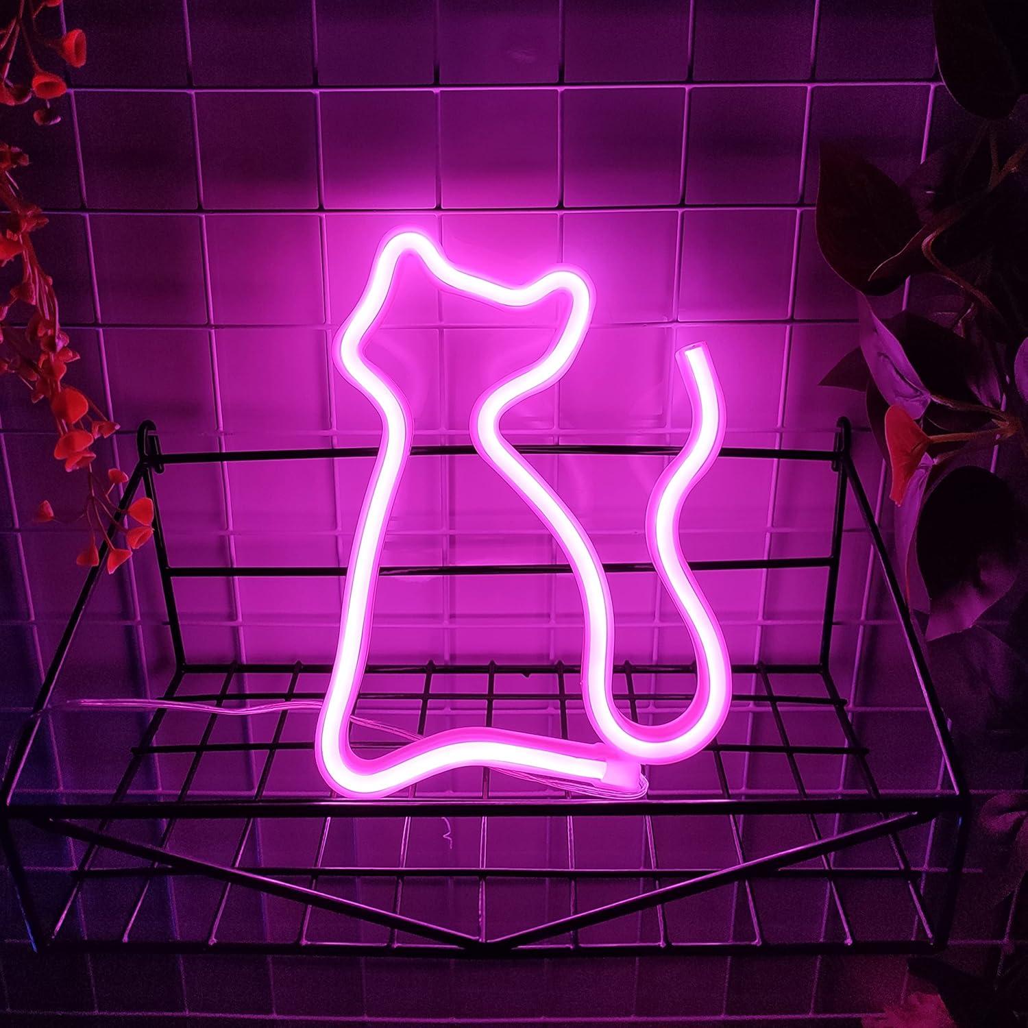 Letrero de Neón Gato JYWJ Rosa LED USB y Pilas AA