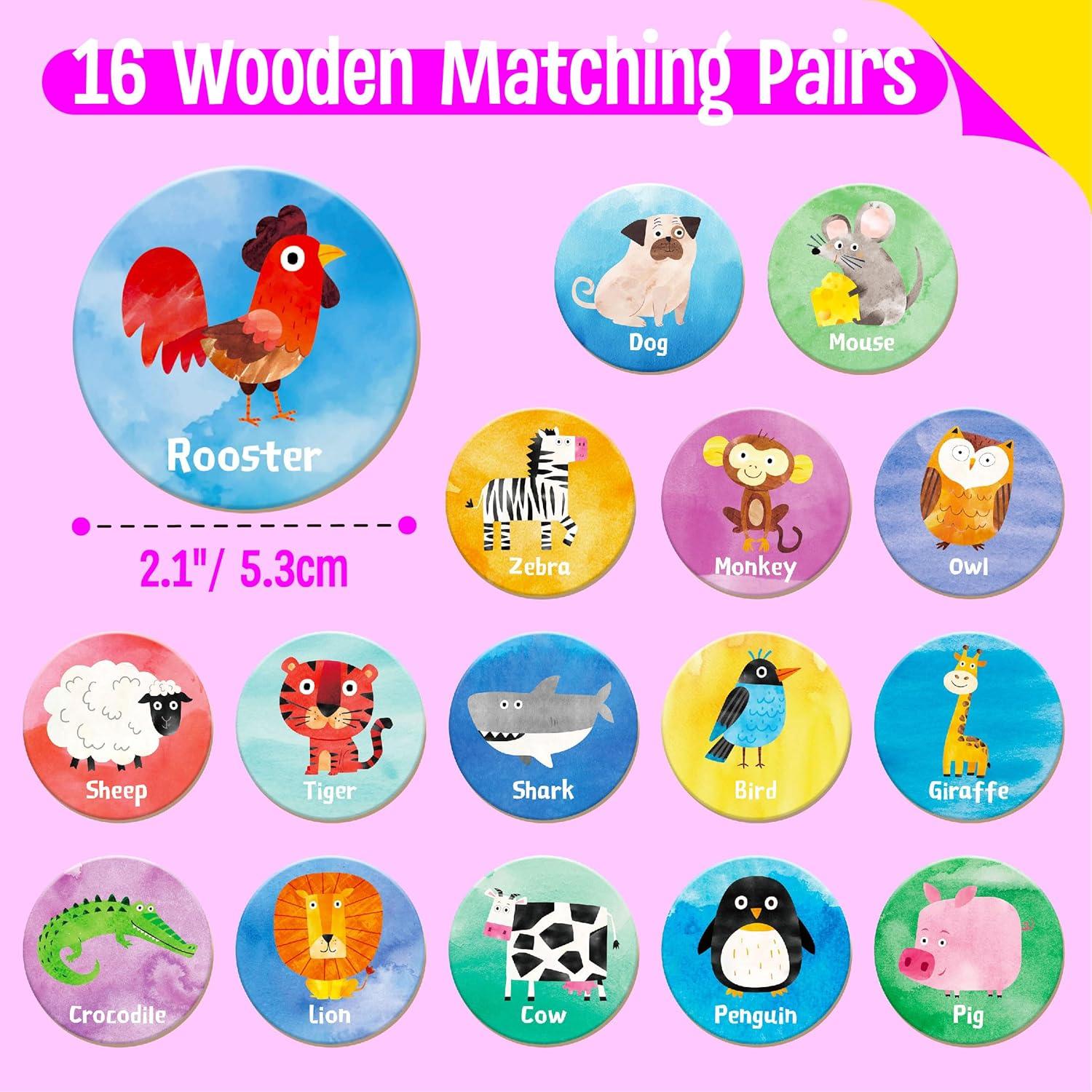 Juego de Memoria de Madera SpriteGru 32 PZS Animales 5.3 cm