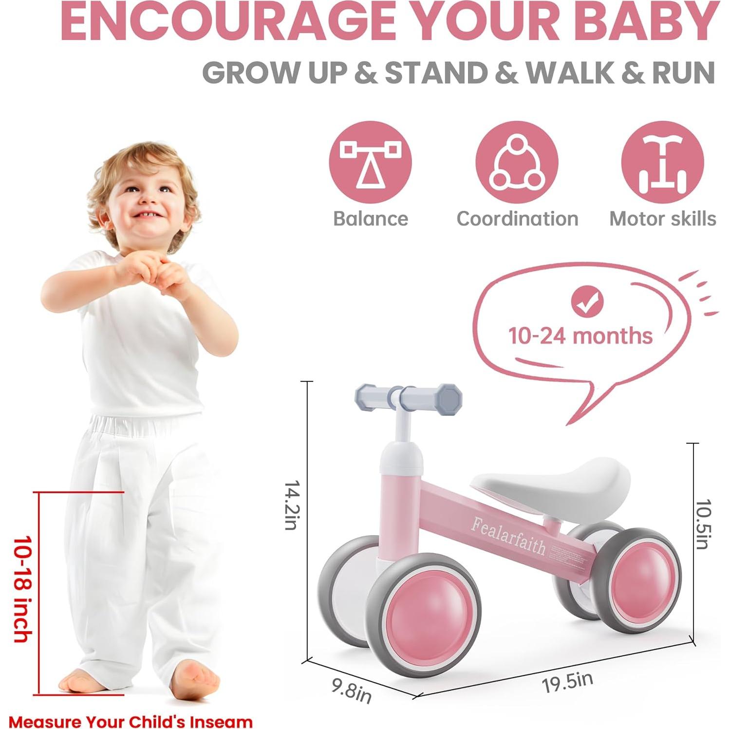 Bicicleta de Equilibrio Rosa Bebé Zhenyoumei 1-2 Años 4 Ruedas LED