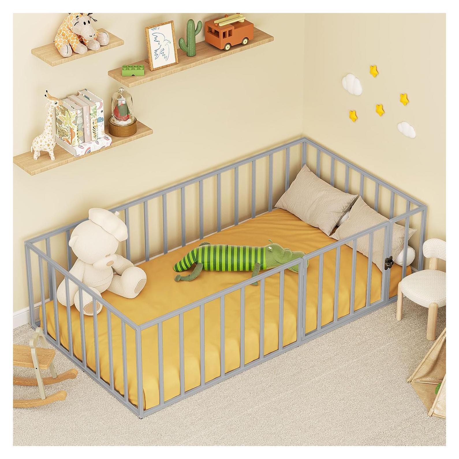 Cama de Piso Twin LOVMOR de Metal con Cerca de Seguridad