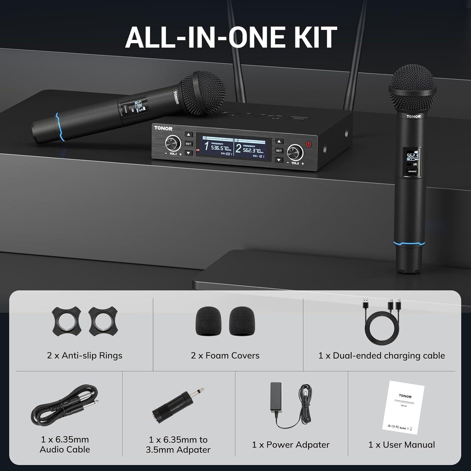 Sistema de Micrófono Inalámbrico TONOR TW750, 2 Micrófonos Recargables