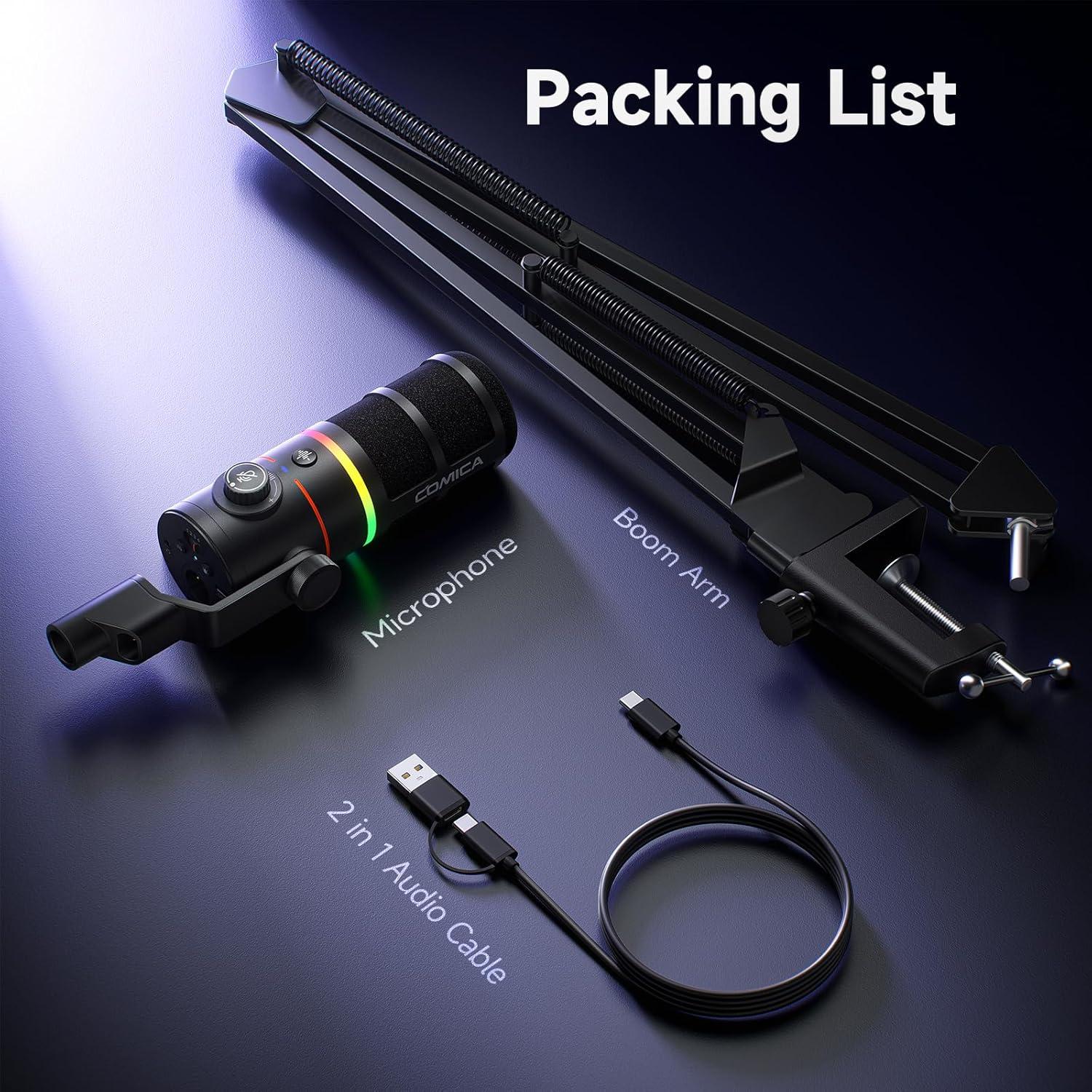 Micrófono Dinámico Comica D10 XLR/USB-C con RGB y Soporte